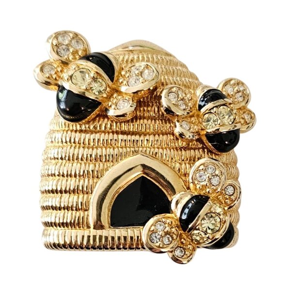 Swarovski Swan Logo Bee And Hive Brooch Black Enamel Clear Crystal Pin, J114